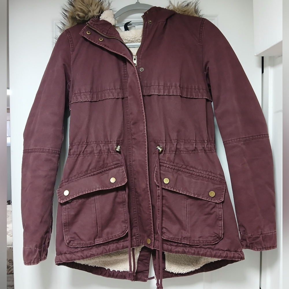 Divided Maroon Utility Jacket with Faux Fur Hood